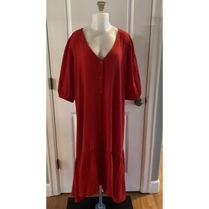 Maeve Anthropologie Scarletta Red Seersucker Buttoned Boho Midi Dress Size Large